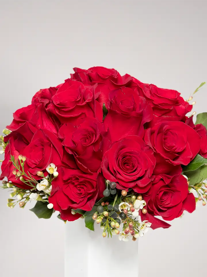 Bouquet di rose rosse e waxflowers close up